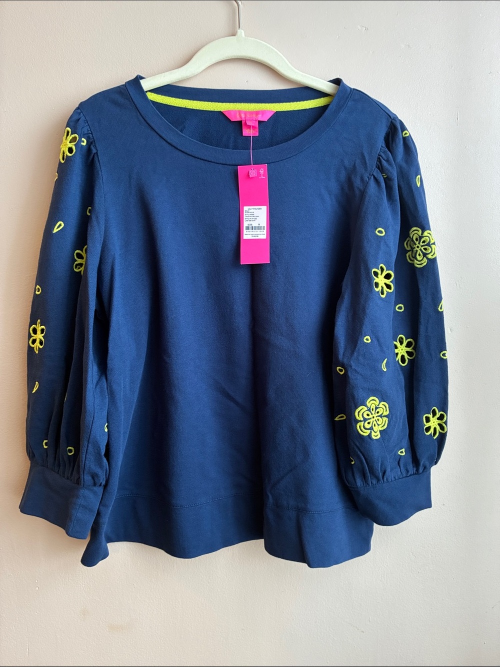 NWT Women's Navy Blue Sweatshirt Top with Neon Floral Sleeves - LILY PULITZER